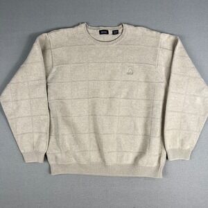 VTG Izod‎ Crewneck Sweater Mens L Beige Textured Grid Knit Classic 1990s Preppy